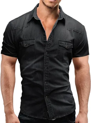 MARSVOVO Mens Short Sleeve Denim Shirt Beach Denim Button Down Tank Tops Basic Scoop Neck Solid Jean Vest with Pockets