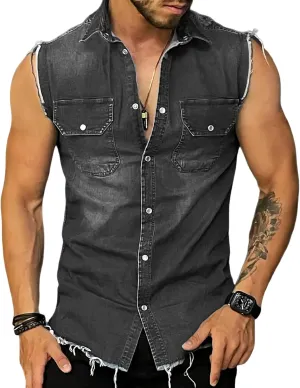 MARSVOVO Mens Sleeveless Denim Shirt Beach Denim Button Down Tank Tops Basic Sleeveless Solid Jean Vest with Pockets