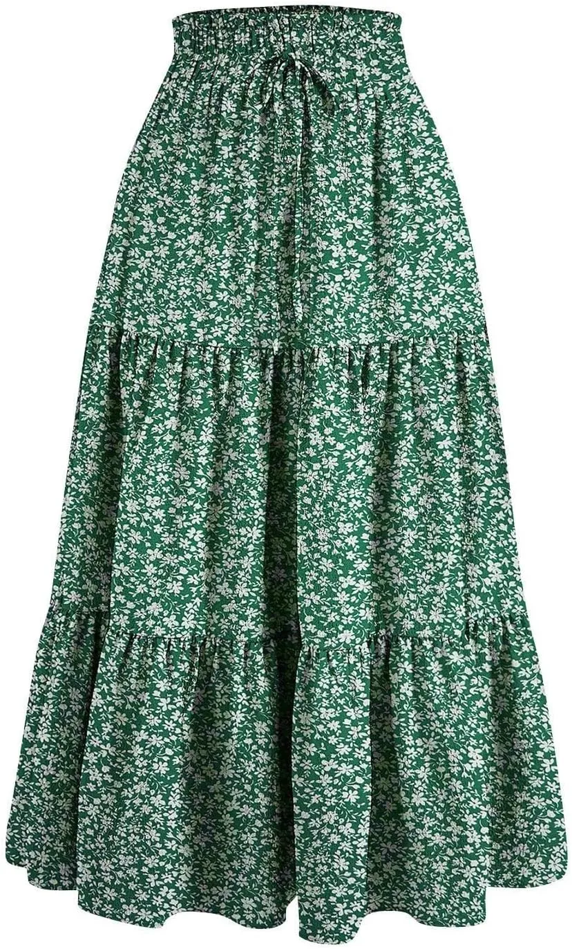 Maxi Skirt for Women Boho Long Beach Skirts Summer Spring Floral High Waisted Elastic Tiered Swing Skirt
