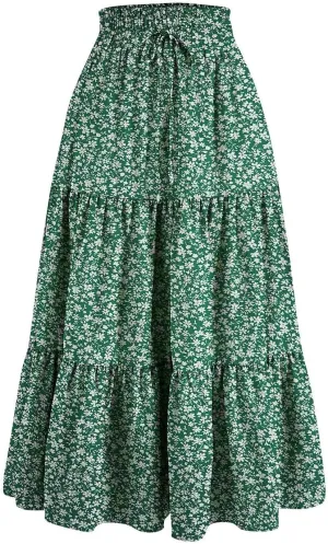 Maxi Skirt for Women Boho Long Beach Skirts Summer Spring Floral High Waisted Elastic Tiered Swing Skirt