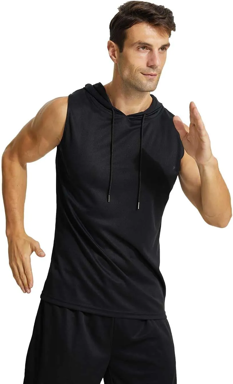Mens Active Workout Hooded Tank Tops Sleeveless Quick Dry, Athletic Running Trainning Cut Off Muscle Gym Shirt