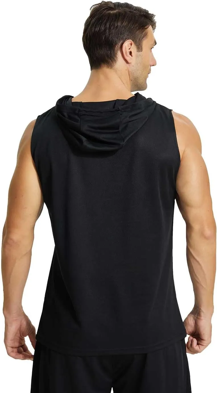 Mens Active Workout Hooded Tank Tops Sleeveless Quick Dry, Athletic Running Trainning Cut Off Muscle Gym Shirt