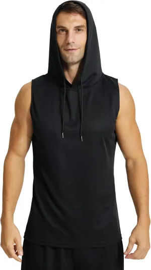 Mens Active Workout Hooded Tank Tops Sleeveless Quick Dry, Athletic Running Trainning Cut Off Muscle Gym Shirt