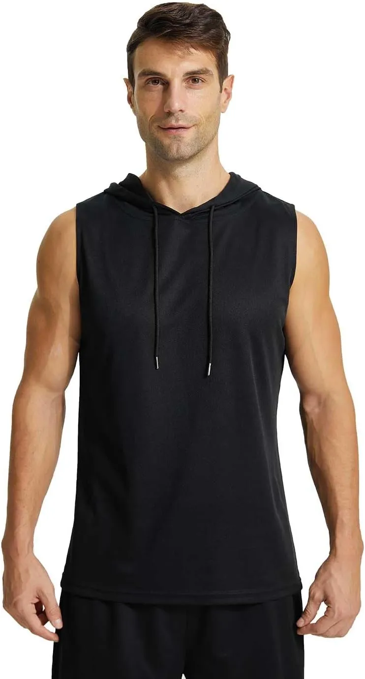 Mens Active Workout Hooded Tank Tops Sleeveless Quick Dry, Athletic Running Trainning Cut Off Muscle Gym Shirt