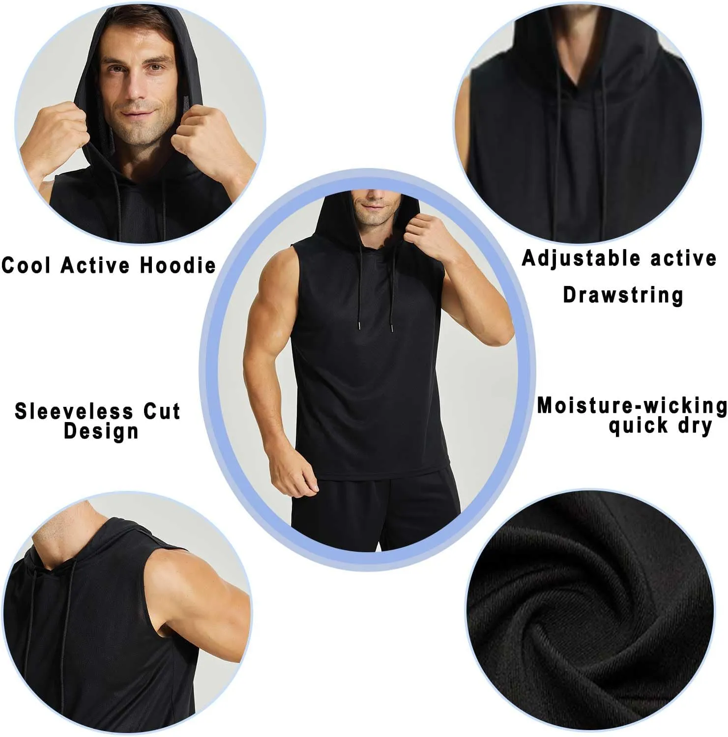 Mens Active Workout Hooded Tank Tops Sleeveless Quick Dry, Athletic Running Trainning Cut Off Muscle Gym Shirt
