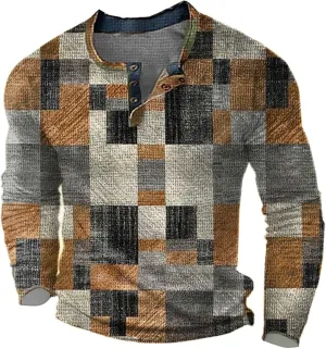 Mens Long Sleeve Henley Shirt 1/4 Button Plaid Printed Distressed Vintage Tops Color Block Slim Fit Golf Polo Shirts
