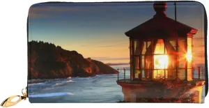 Men'S Women'S Leather Wallet Clutch Bag Cell Phone Purse Wristlet Handbag (Lighthouse Sunset Coastal)