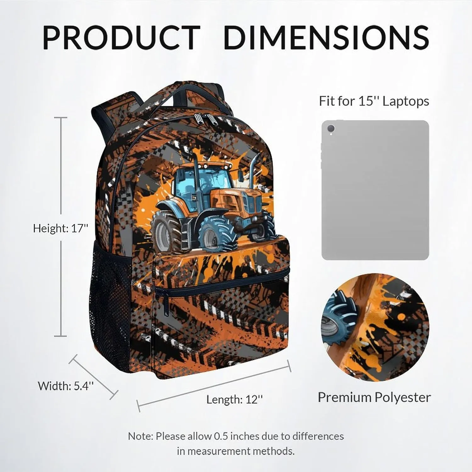 Mercuryelf Backpack for Boys - 17 Inch Tractor Backpacks for School - Cool Bookbag for Teen Kids - Lightweight Durable School Bag