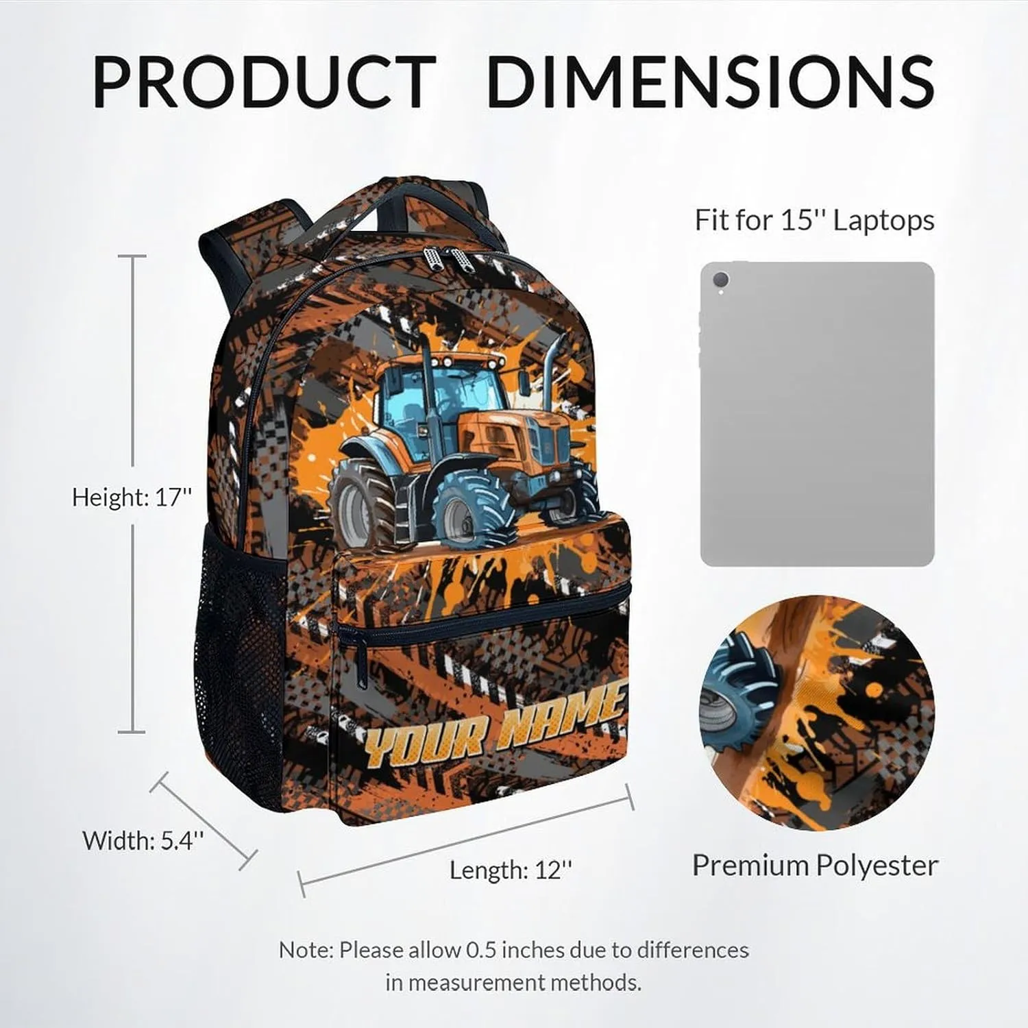 Mercuryelf Backpack for Boys - 17 Inch Tractor Backpacks for School - Personalized Cool Bookbag for Teen Kids - Lightweight Durable School Bag