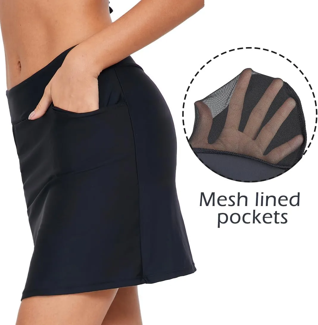 Micosuza Women's Swim Skirt with Pockets Active Skorts Modest Swim Bottoms with Built-in Shorts