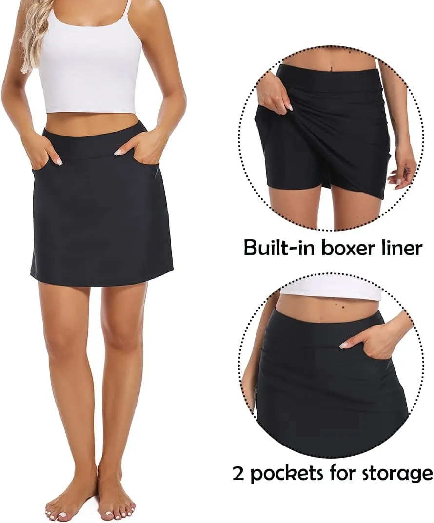 Micosuza Women's Swim Skirt with Pockets Active Skorts Modest Swim Bottoms with Built-in Shorts