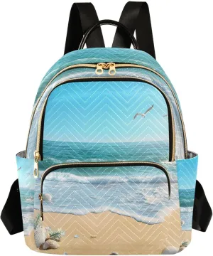 Mini Backpack for Women Coastal Beach Shell Seagull Teal Small Purse Daypacks Stylish Bags Lightweight Travel Backpacks for College Shopping Work Dating