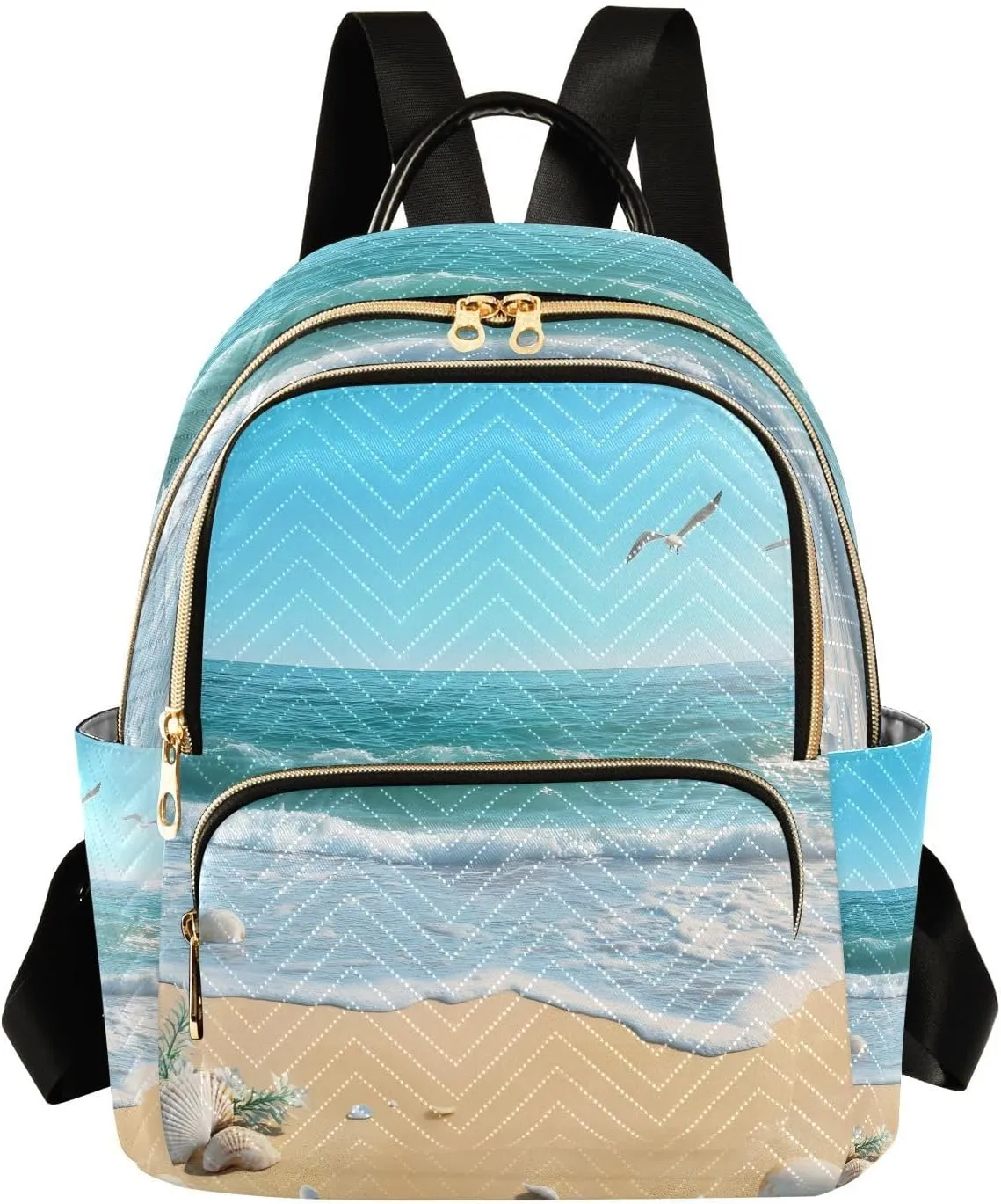 Mini Backpack for Women Coastal Beach Shell Seagull Teal Small Purse Daypacks Stylish Bags Lightweight Travel Backpacks for College Shopping Work Dating