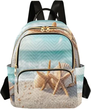 Mini Backpack for Women Coastal Starfish Shell Beach Sand Small Purse Daypacks Stylish Bags Lightweight Travel Backpacks for College Shopping Work Dating