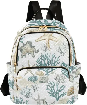 Mini Backpack for Women Summer Starfish Coral Beach Coastal Seashell Teal Green Small Purse Daypacks Stylish Bags Lightweight Travel Backpacks for College Shopping Work Dating