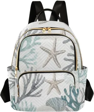 Mini Backpack for Women Teal Green Coral Starfish Beach Coastal Seashell Small Purse Daypacks Stylish Bags Lightweight Travel Backpacks for College Shopping Work Dating
