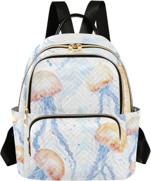 Mini Backpack for Women Watercolor Jellyfish Pattern Blue Coastal Small Purse Daypacks Stylish Bags Lightweight Travel Backpacks for College Shopping Work Dating