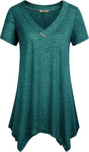 Miusey Womens Short Sleeve V Neck Asymmetrical Hemline Flowy Blouse Handkerchief Hem Tunic Tops