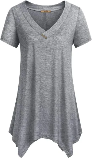 Miusey Womens Short Sleeve V Neck Asymmetrical Hemline Flowy Blouse Handkerchief Hem Tunic Tops