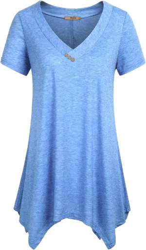 Miusey Womens Short Sleeve V Neck Asymmetrical Hemline Flowy Blouse Handkerchief Hem Tunic Tops