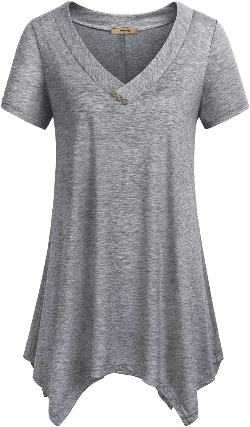 Miusey Womens Short Sleeve V Neck Asymmetrical Hemline Flowy Blouse Handkerchief Hem Tunic Tops