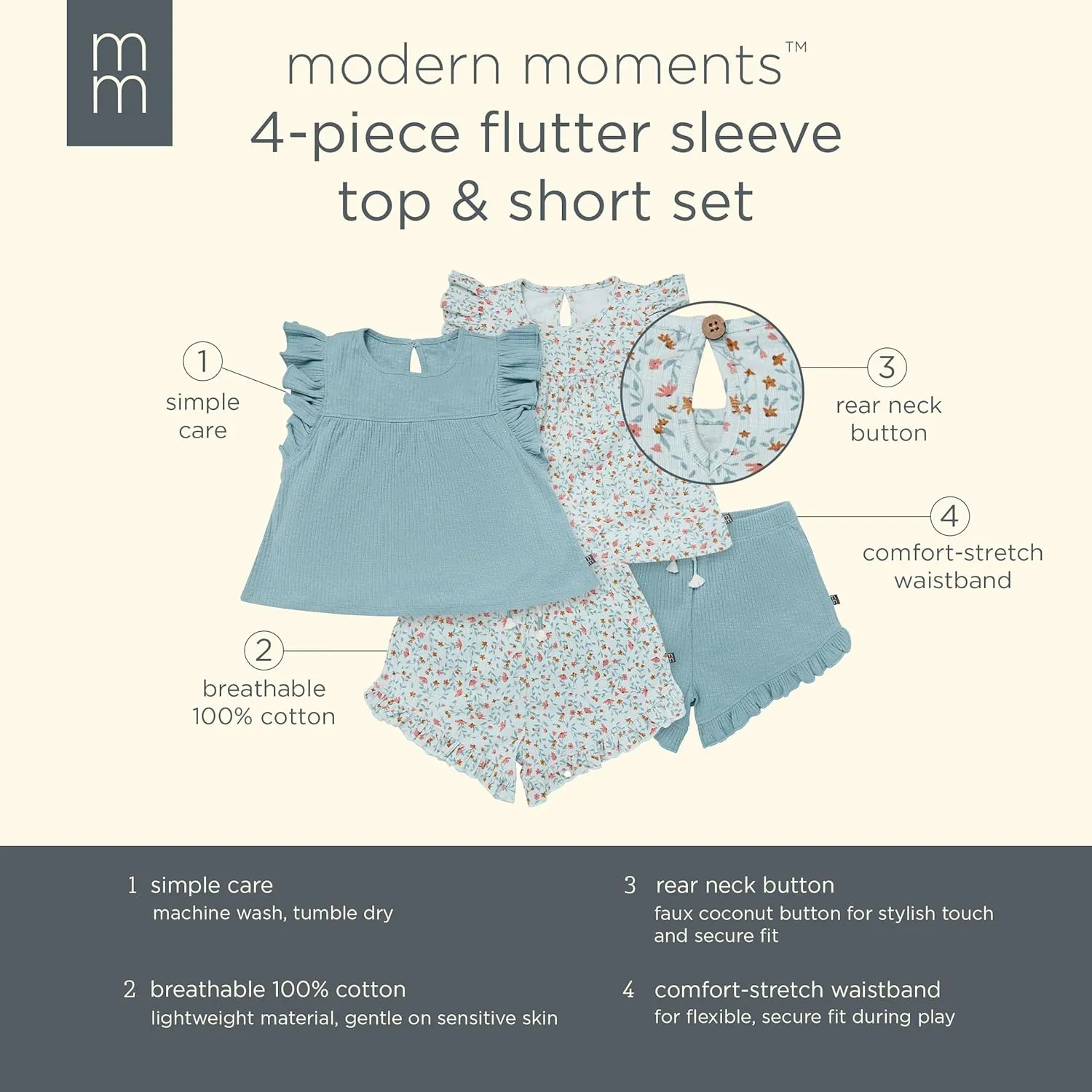 Modern Moments by Gerber Baby Girls 4-piece Set (2 Flutter Sleeve Top & 2 Ruffle Wide Leg Short)