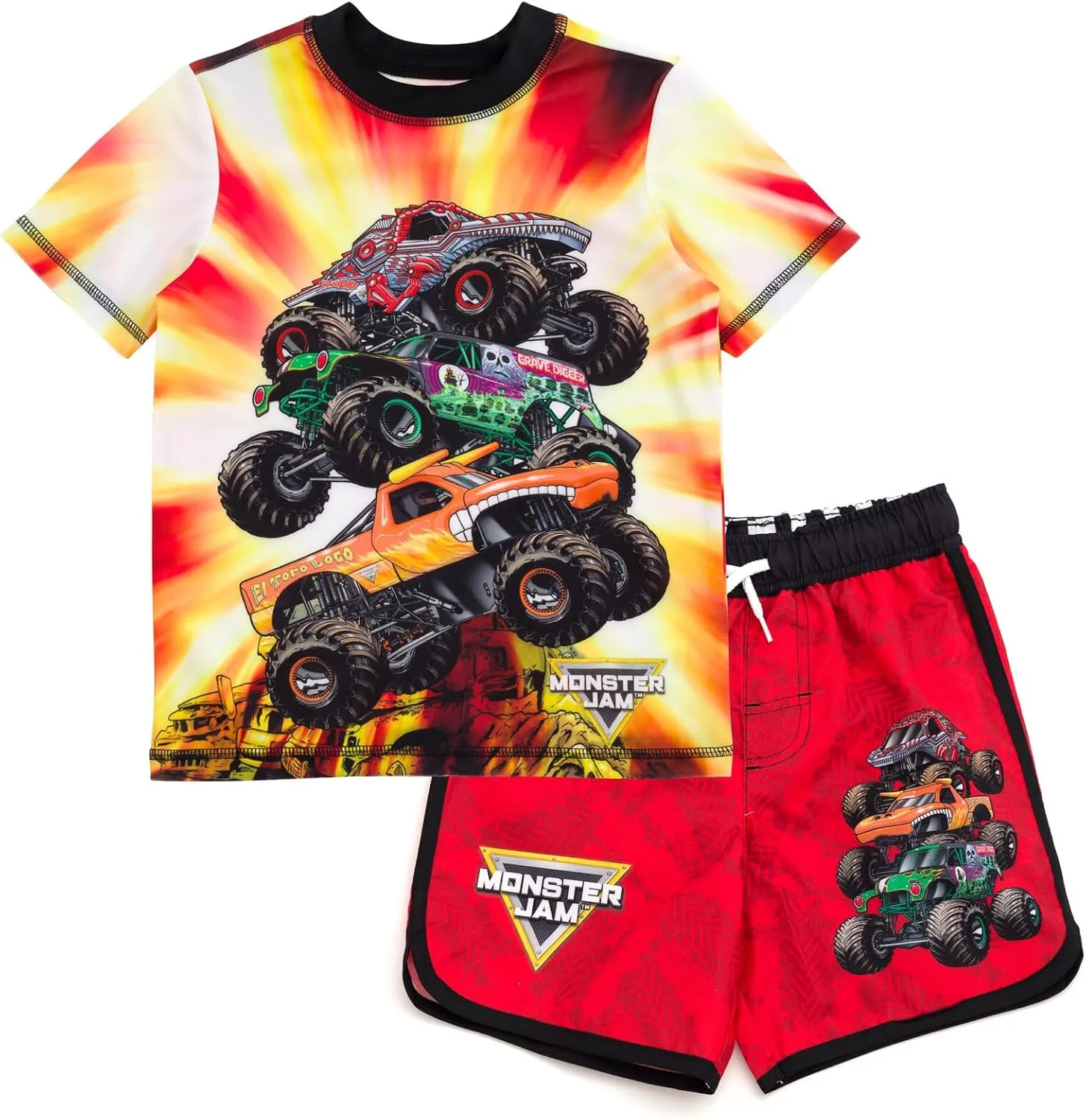 Monster Jam UPF 50  Pullover Rash Guard and Swim Trunks Outfit Set Toddler to Big Kid Grave Digger El Toro Loco Megalodon