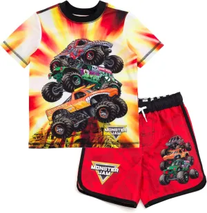 Monster Jam UPF 50  Pullover Rash Guard and Swim Trunks Outfit Set Toddler to Big Kid Grave Digger El Toro Loco Megalodon