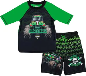 Monster Jam UPF 50  Pullover Rash Guard and Swim Trunks Outfit Set Toddler to Big Kid Grave Digger El Toro Loco Megalodon