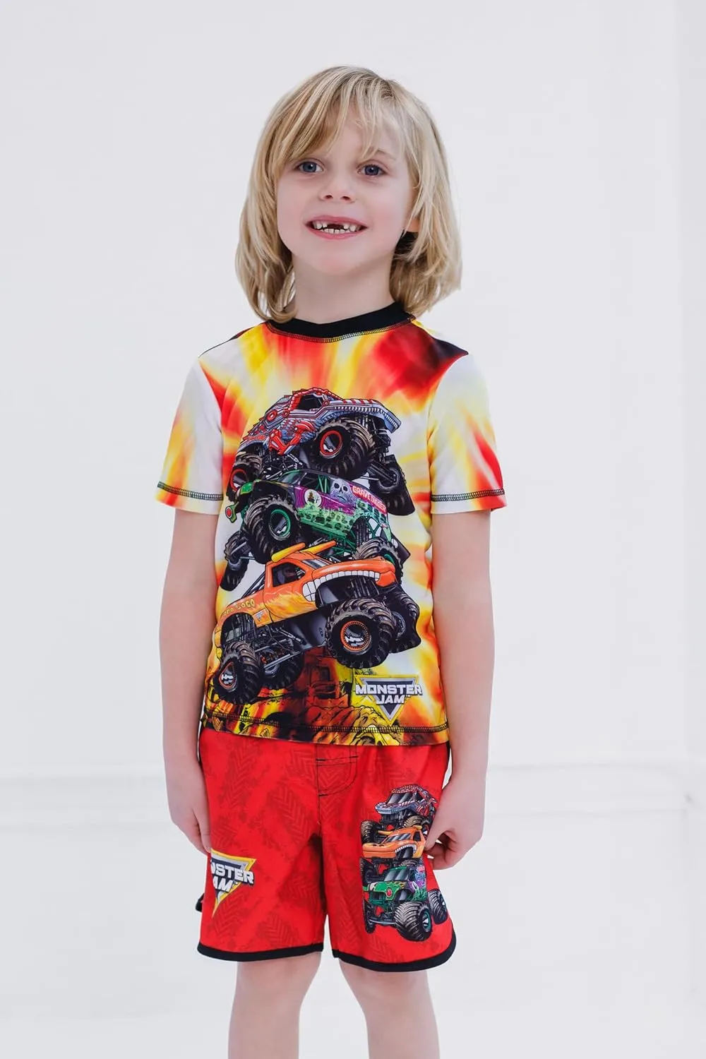 Monster Jam UPF 50  Pullover Rash Guard and Swim Trunks Outfit Set Toddler to Big Kid Grave Digger El Toro Loco Megalodon