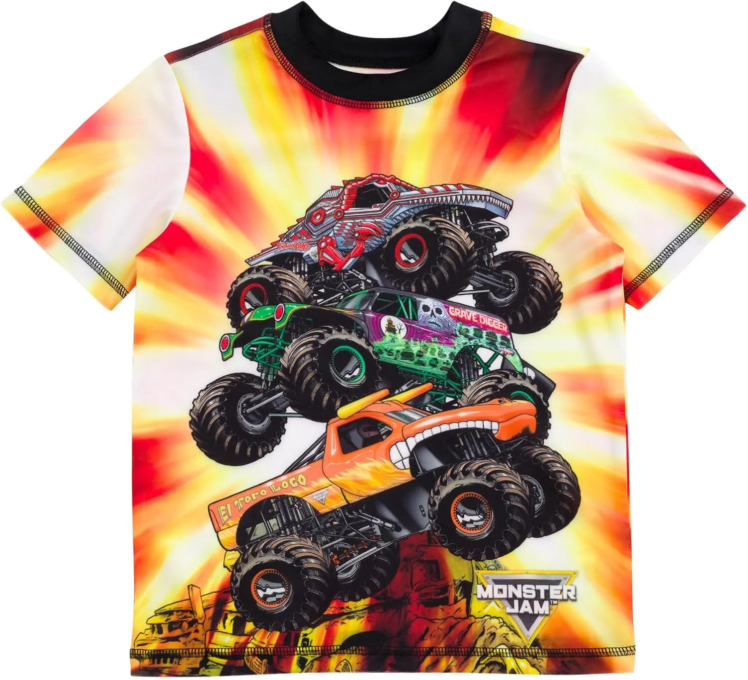 Monster Jam UPF 50  Pullover Rash Guard and Swim Trunks Outfit Set Toddler to Big Kid Grave Digger El Toro Loco Megalodon