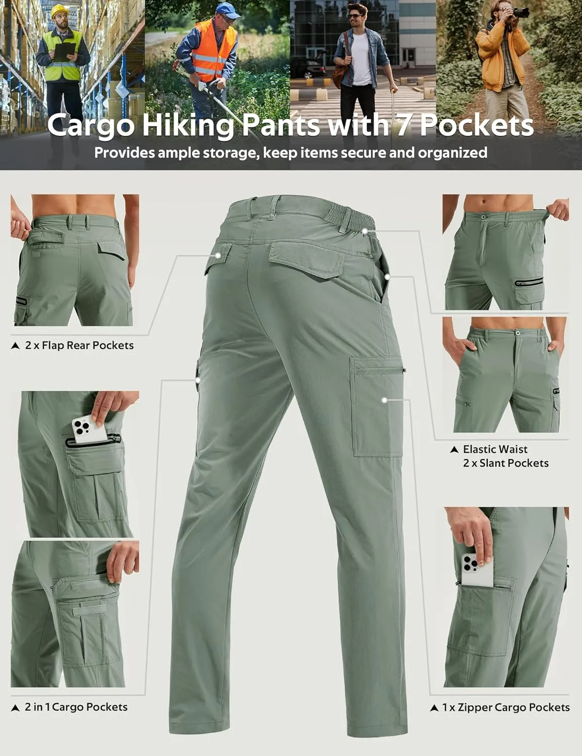 MOURCE Mens Hiking Pants Lightweight - Quick Dry Water Resistant Travel Pants with 7 Pockets for Camping Fishing Outdoor