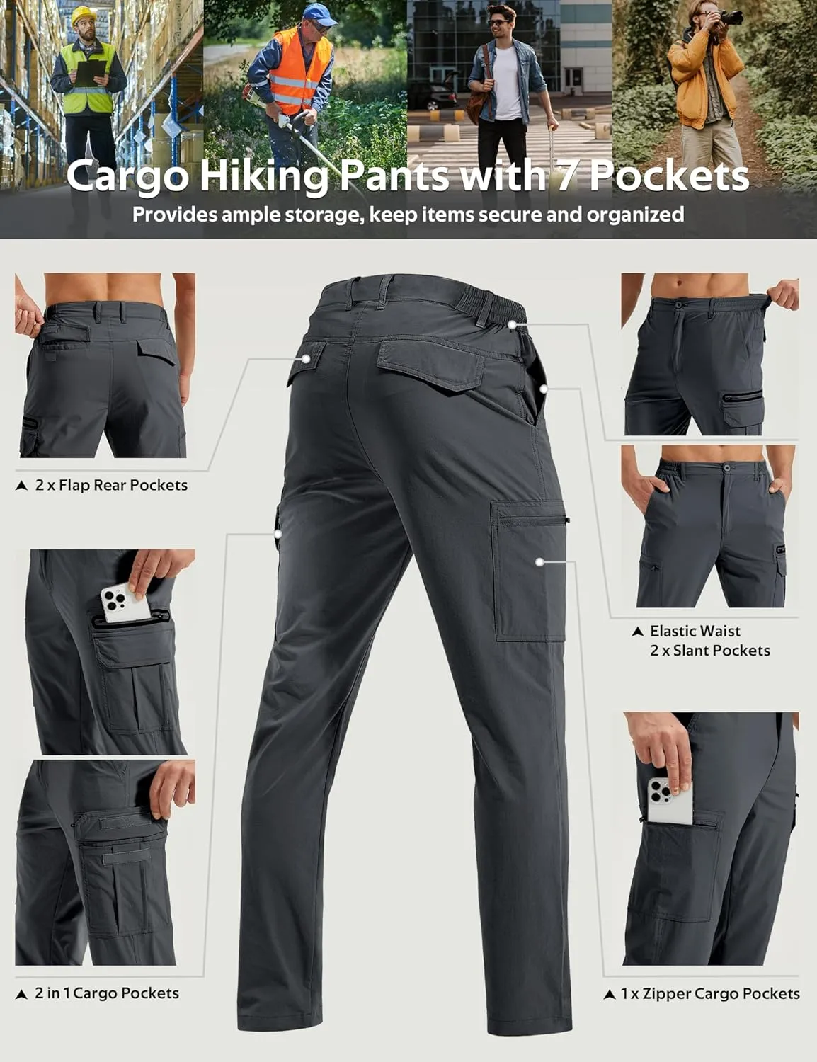 MOURCE Mens Hiking Pants Lightweight - Quick Dry Water Resistant Travel Pants with 7 Pockets for Camping Fishing Outdoor