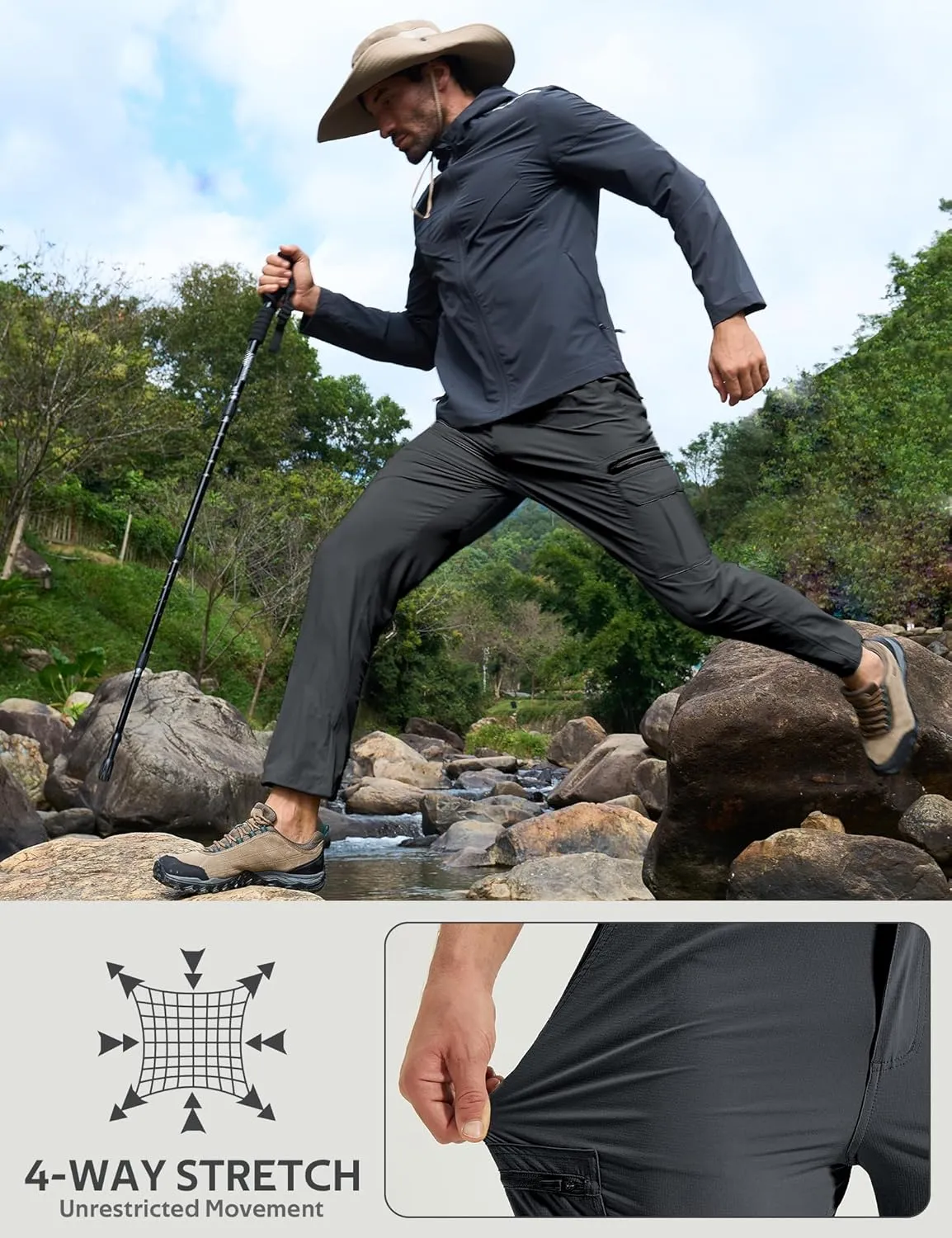 MOURCE Mens Hiking Pants Lightweight - Quick Dry Water Resistant Travel Pants with 7 Pockets for Camping Fishing Outdoor