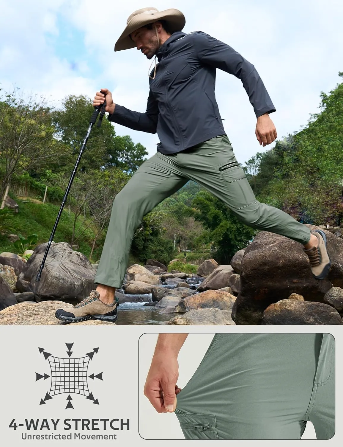 MOURCE Mens Hiking Pants Lightweight - Quick Dry Water Resistant Travel Pants with 7 Pockets for Camping Fishing Outdoor
