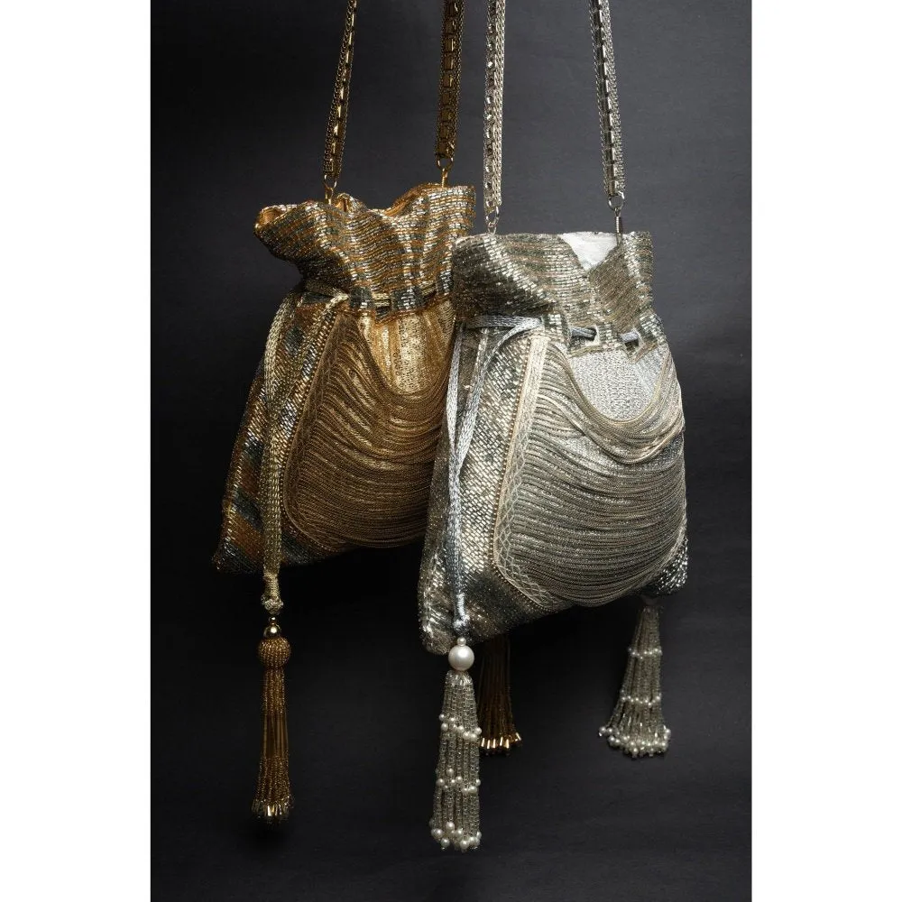 Nayaab by Sonia Women Hinted Pewter Gold Potli