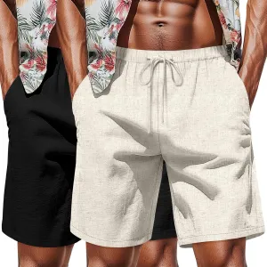 Neer 2 Pack Men's Big and Tall Cotton Linen Shorts, Casual Elastic Waist Beach Shorts Summer Drawstring Wears with Pockets