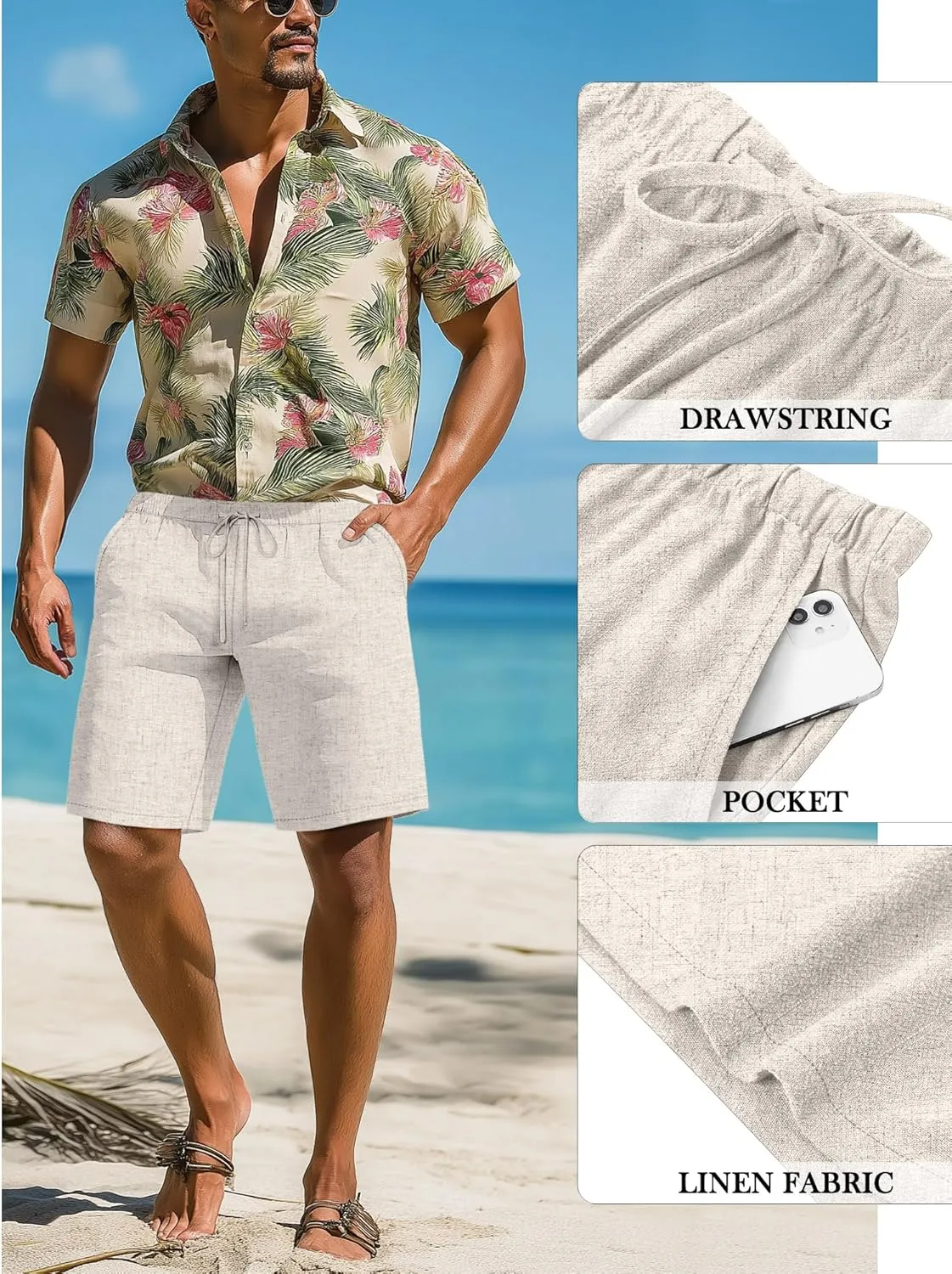 Neer 2 Pack Men's Big and Tall Cotton Linen Shorts, Casual Elastic Waist Beach Shorts Summer Drawstring Wears with Pockets