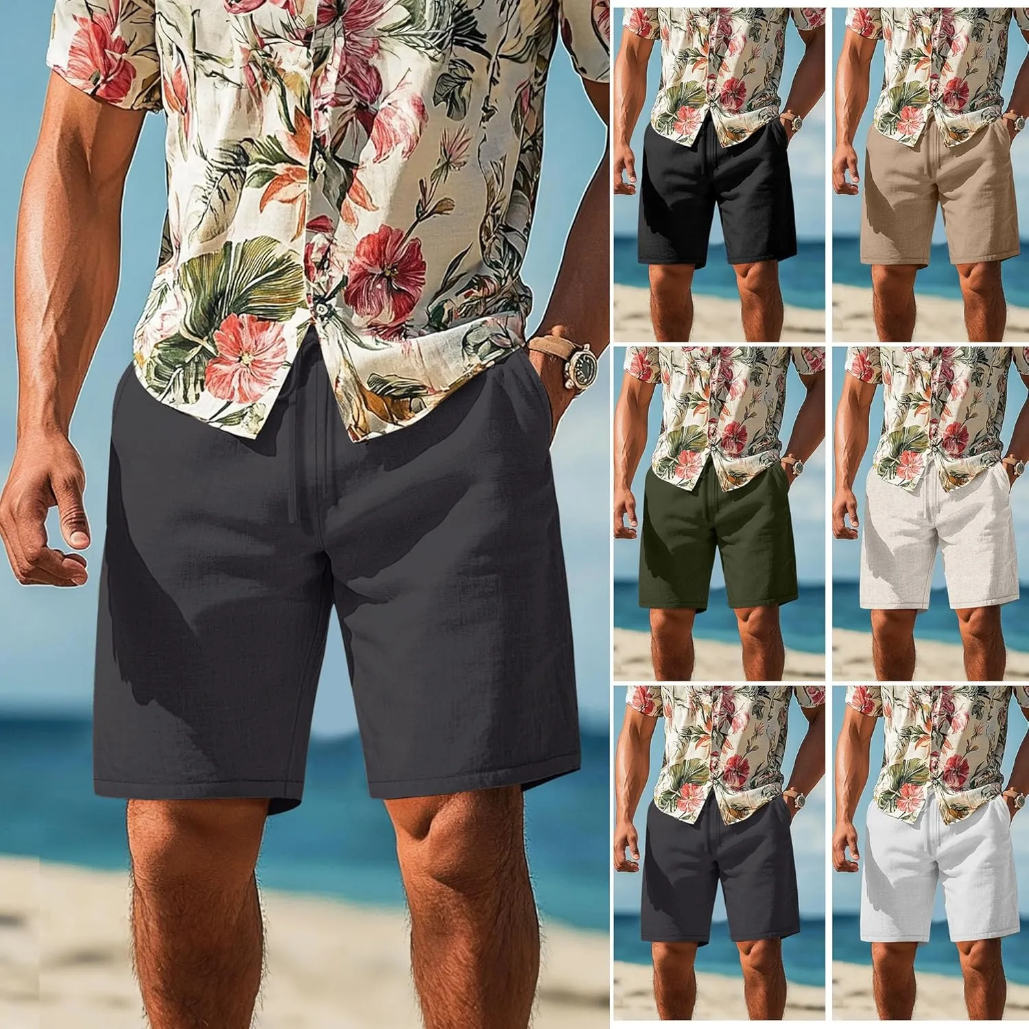 Neer 2 Pack Men's Big and Tall Cotton Linen Shorts, Casual Elastic Waist Beach Shorts Summer Drawstring Wears with Pockets