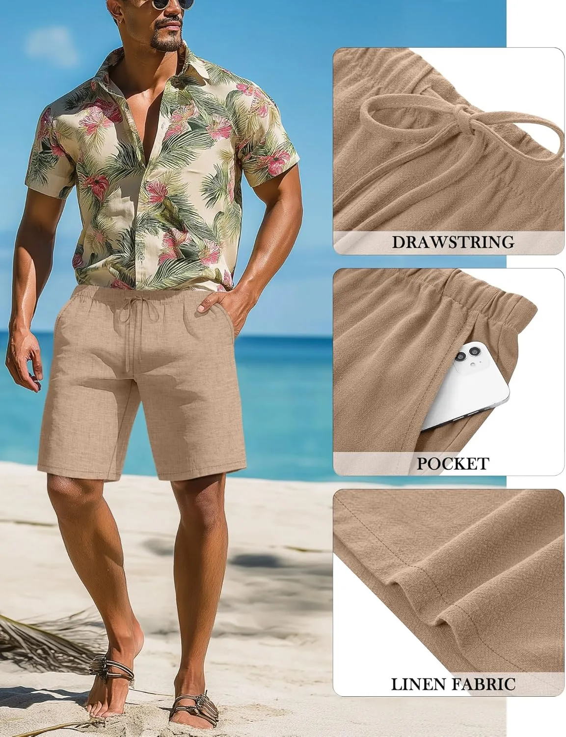 Neer 2 Pack Men's Big and Tall Cotton Linen Shorts, Casual Elastic Waist Beach Shorts Summer Drawstring Wears with Pockets