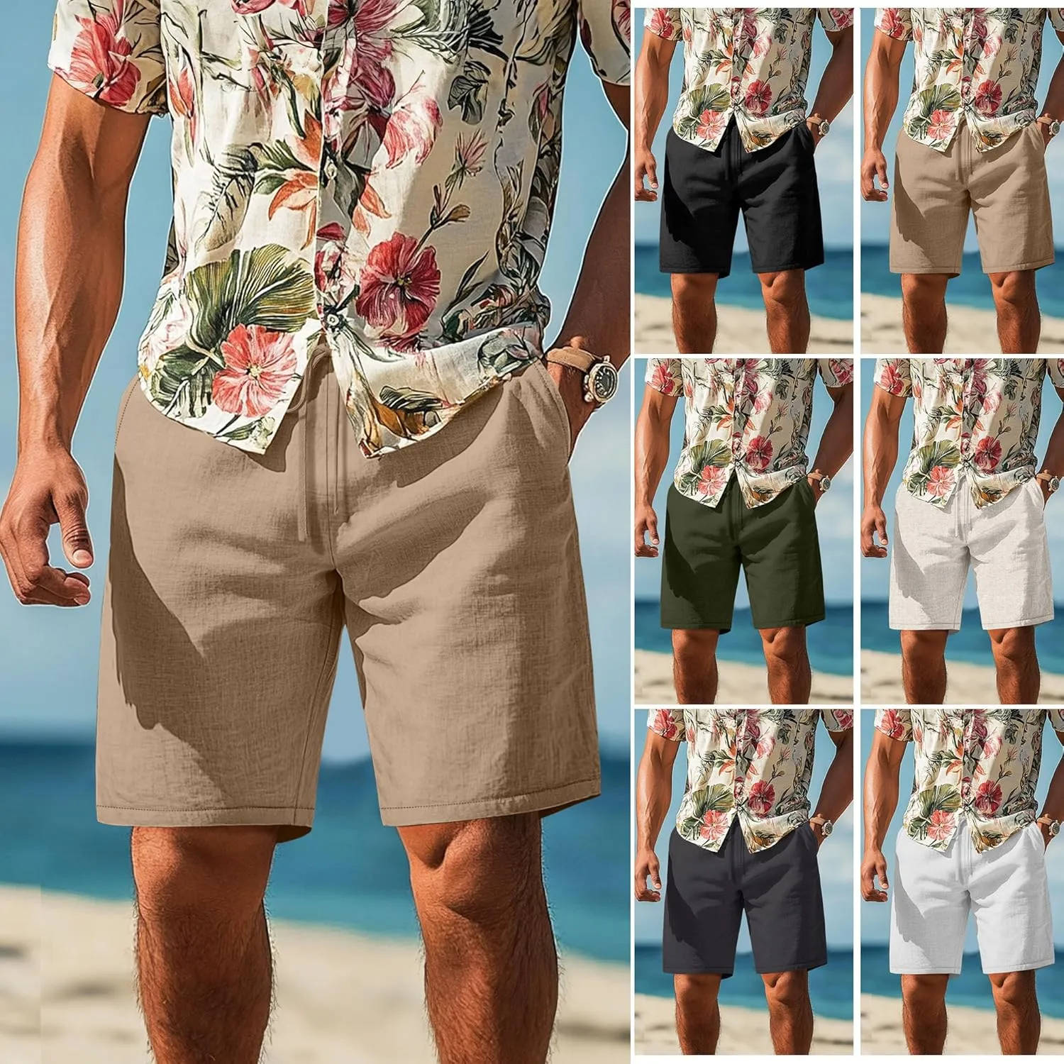 Neer 2 Pack Men's Big and Tall Cotton Linen Shorts, Casual Elastic Waist Beach Shorts Summer Drawstring Wears with Pockets