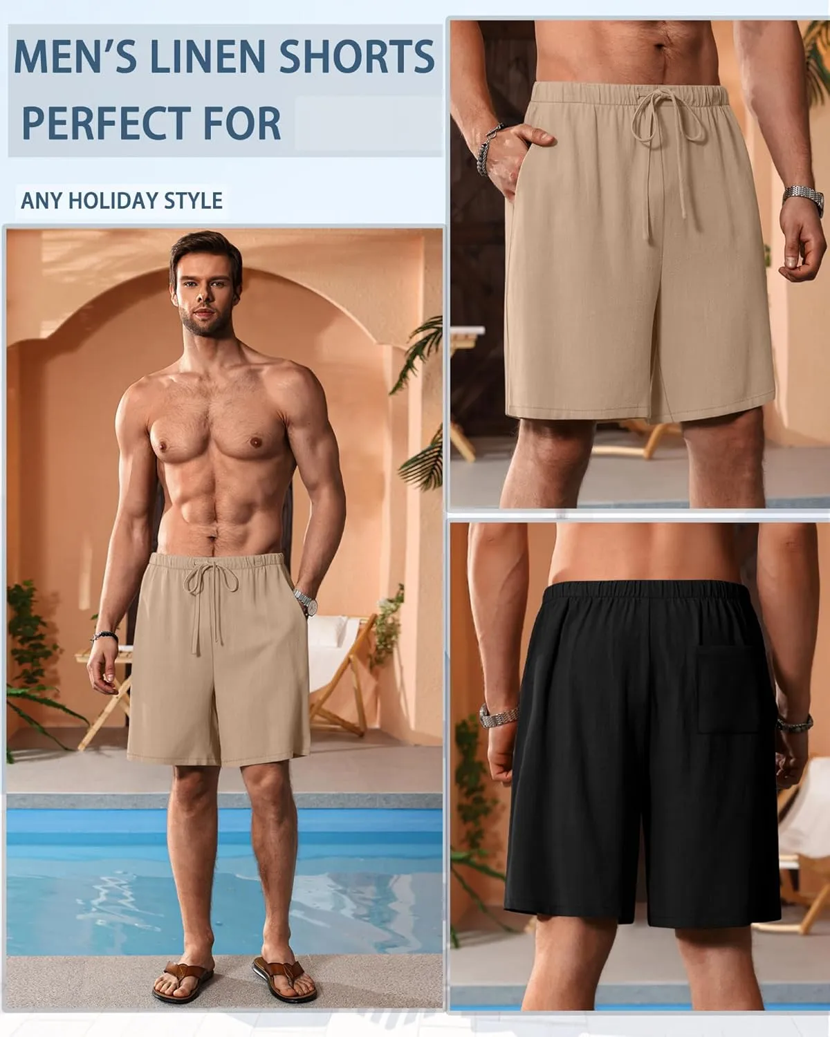 Neer 2 Pack Men's Big and Tall Cotton Linen Shorts, Casual Elastic Waist Beach Shorts Summer Drawstring Wears with Pockets