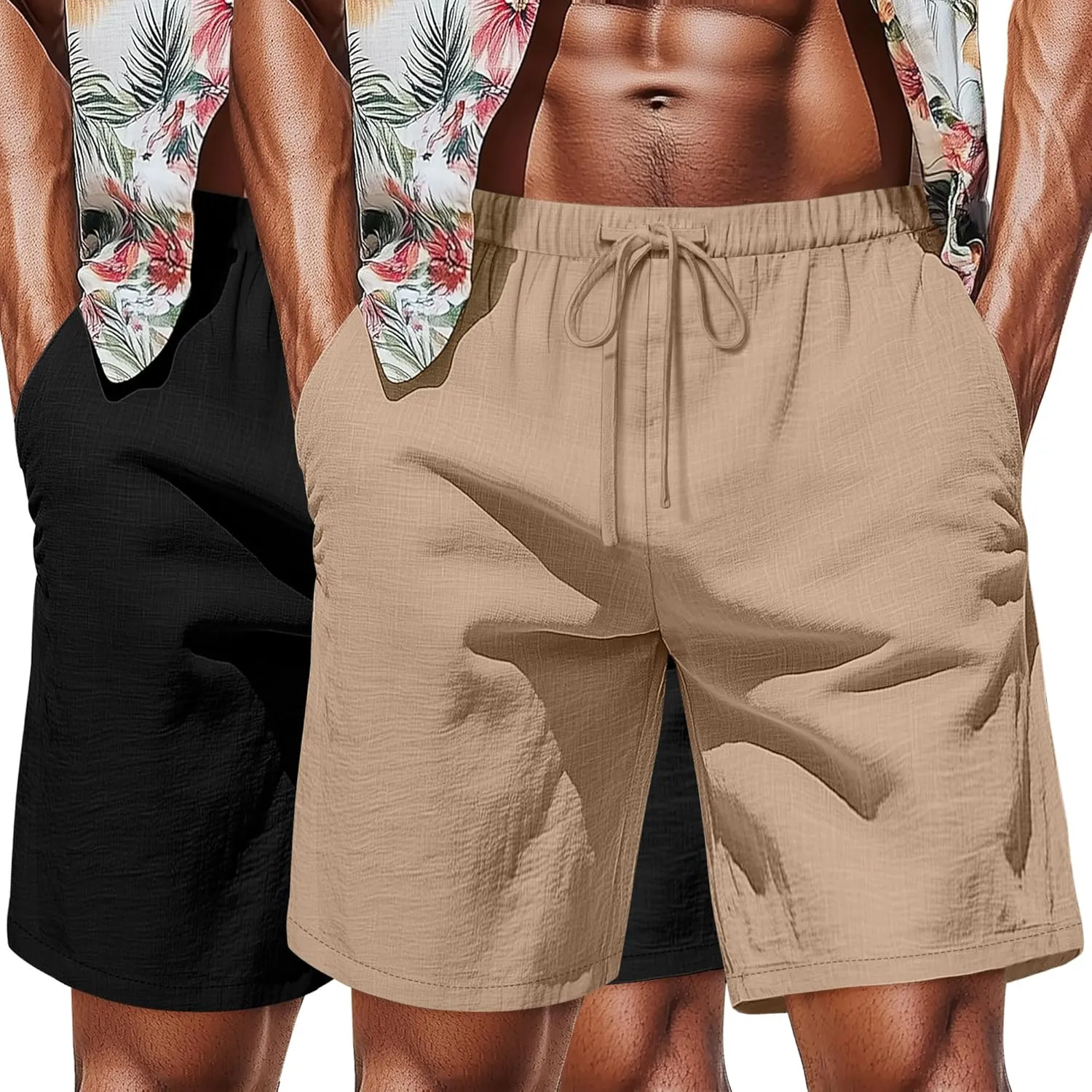 Neer 2 Pack Men's Big and Tall Cotton Linen Shorts, Casual Elastic Waist Beach Shorts Summer Drawstring Wears with Pockets
