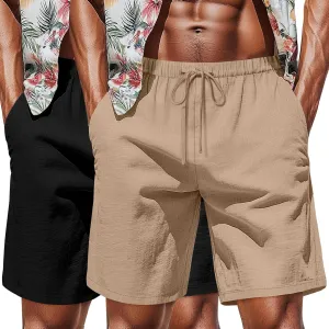 Neer 2 Pack Men's Big and Tall Cotton Linen Shorts, Casual Elastic Waist Beach Shorts Summer Drawstring Wears with Pockets
