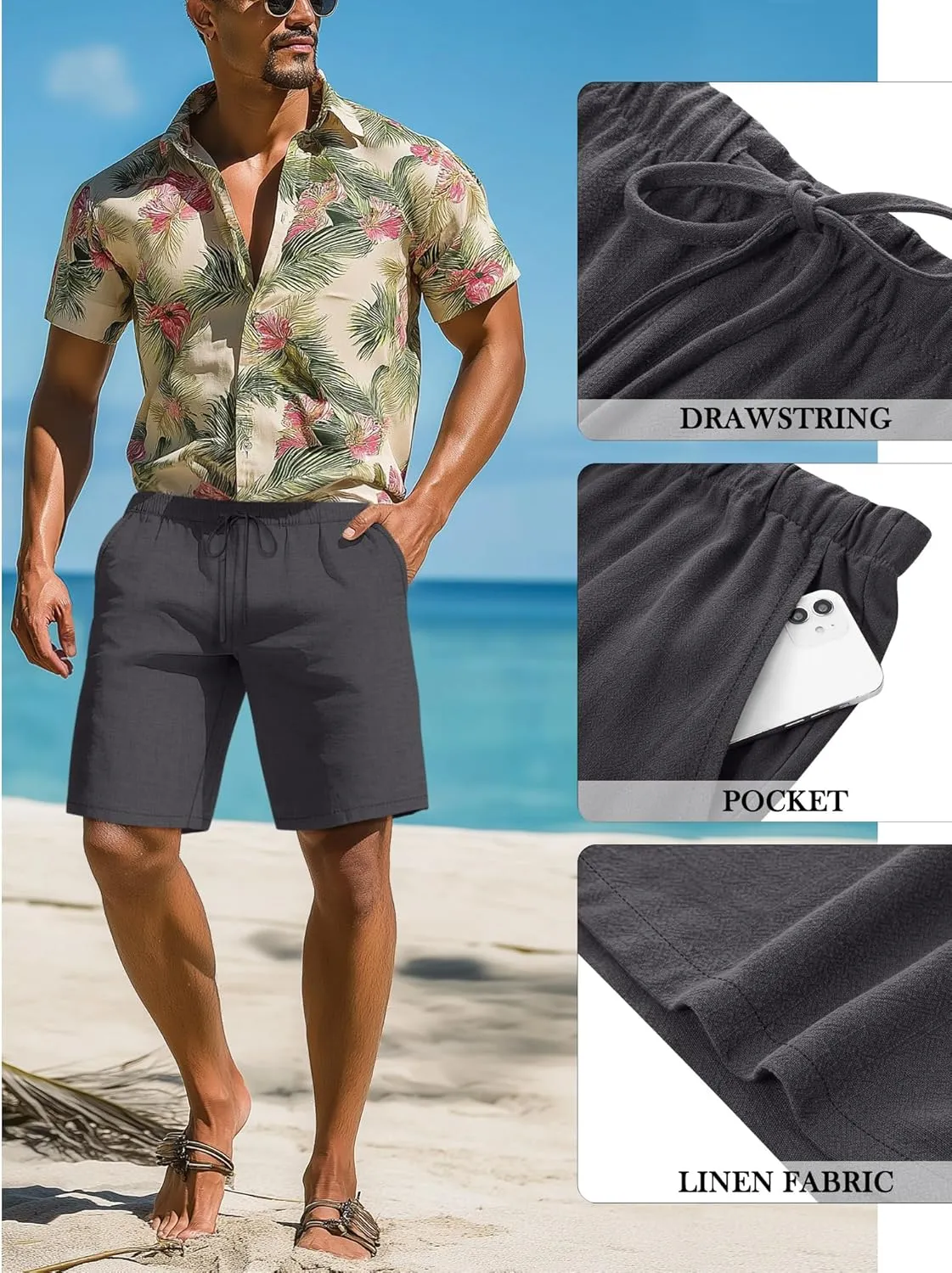 Neer 2 Pack Men's Big and Tall Cotton Linen Shorts, Casual Elastic Waist Beach Shorts Summer Drawstring Wears with Pockets
