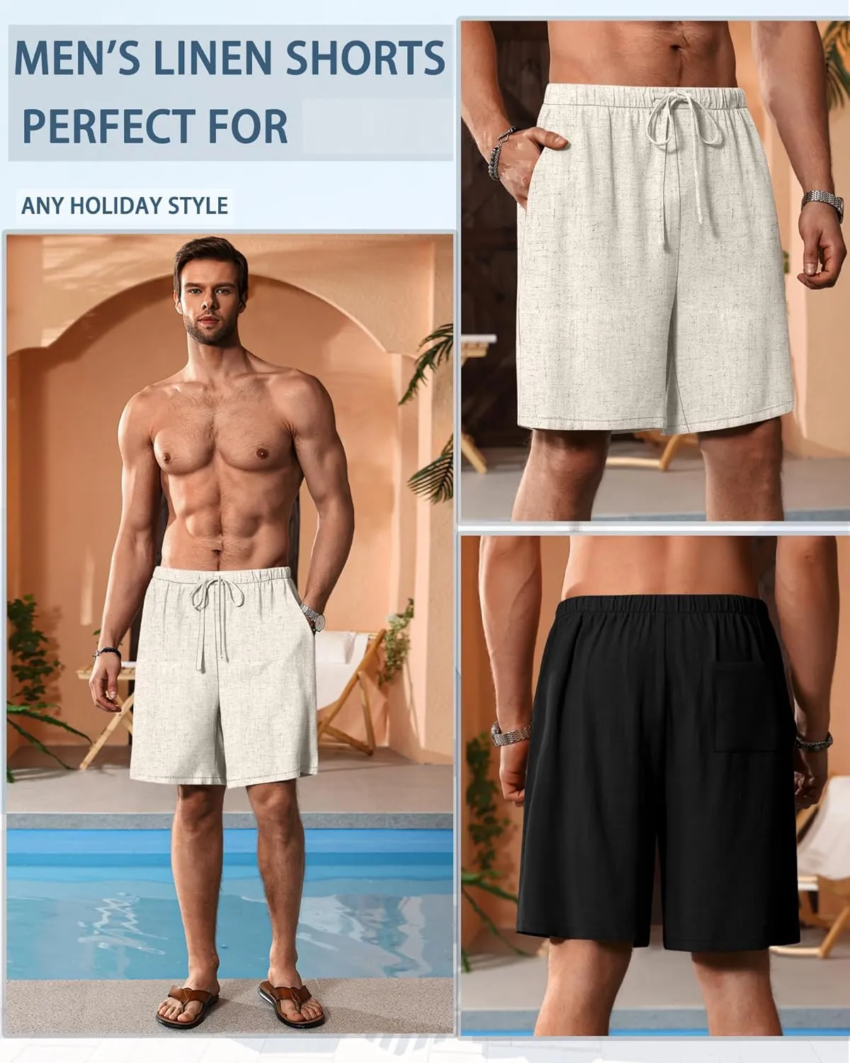 Neer 2 Pack Men's Big and Tall Cotton Linen Shorts, Casual Elastic Waist Beach Shorts Summer Drawstring Wears with Pockets