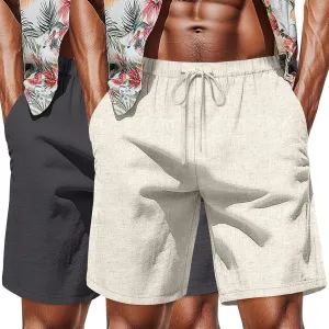 Neer 2 Pack Men's Big and Tall Cotton Linen Shorts, Casual Elastic Waist Beach Shorts Summer Drawstring Wears with Pockets