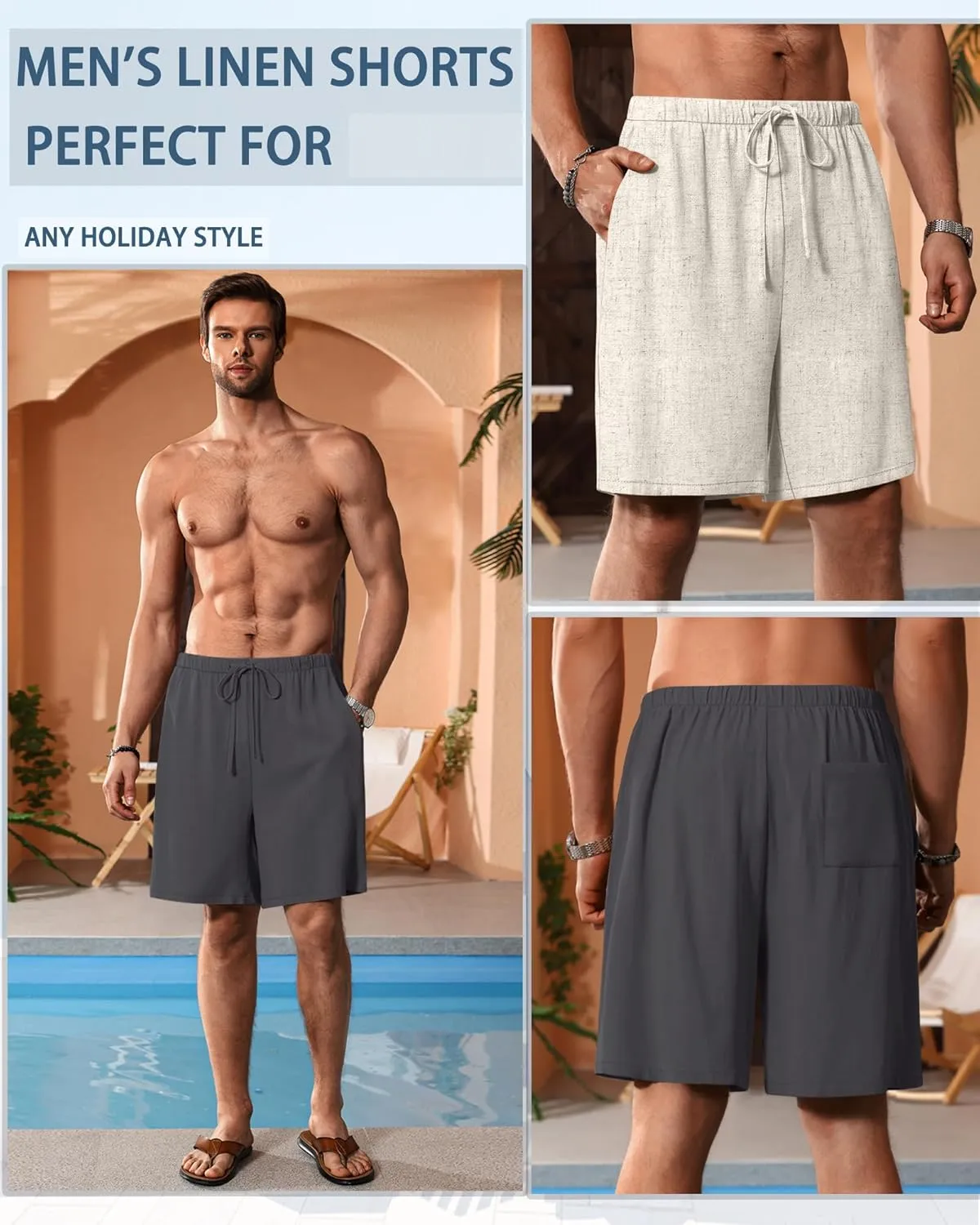 Neer 2 Pack Men's Big and Tall Cotton Linen Shorts, Casual Elastic Waist Beach Shorts Summer Drawstring Wears with Pockets