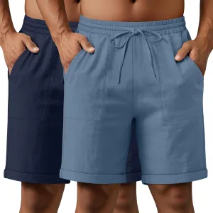 Neer 2 Pack Men's Cotton Linen Bermuda Flat Front Shorts, 7" Casual Elastic Waist Drawstring Summer Beach Shorts with Pockets