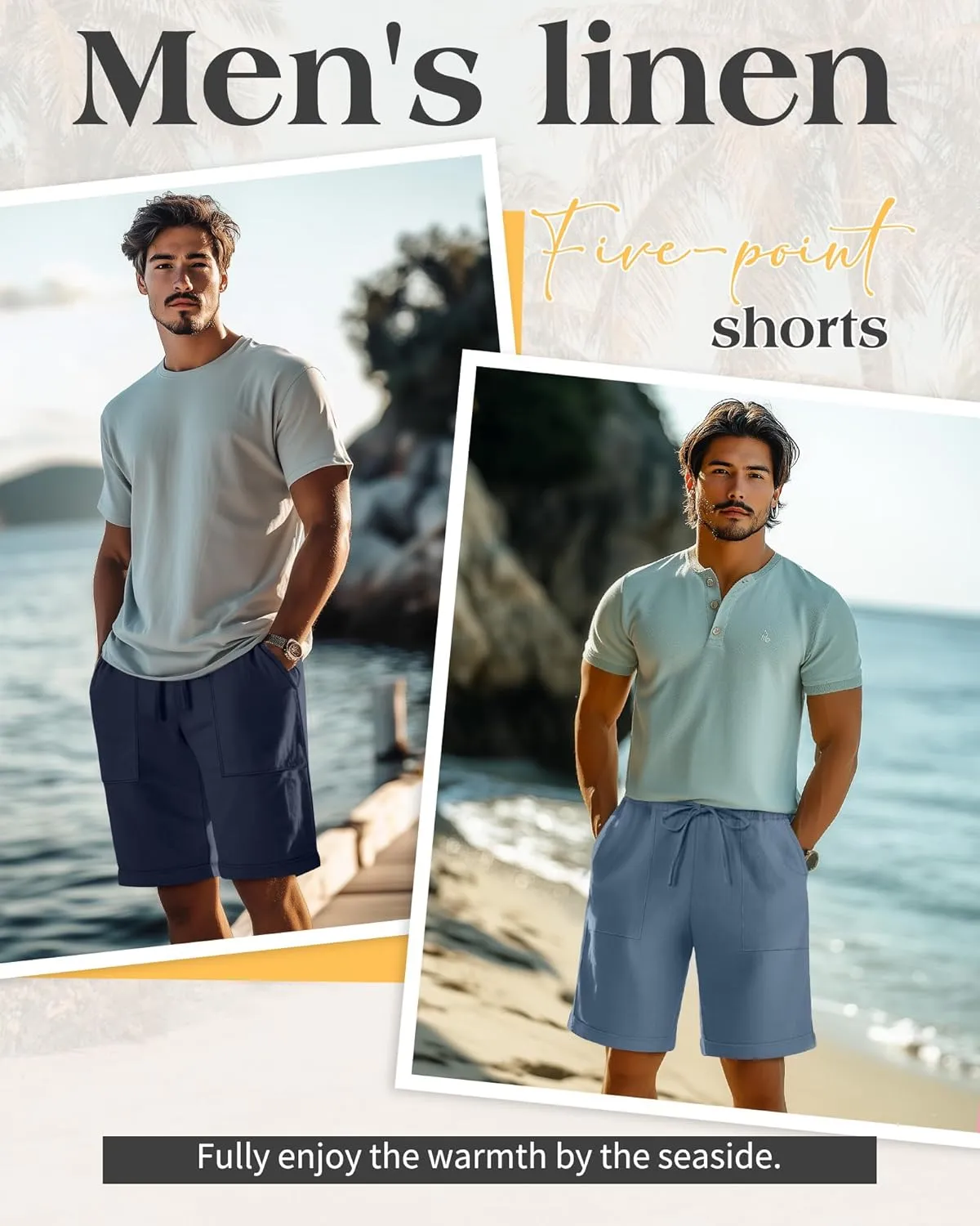 Neer 2 Pack Men's Cotton Linen Bermuda Flat Front Shorts, 7" Casual Elastic Waist Drawstring Summer Beach Shorts with Pockets